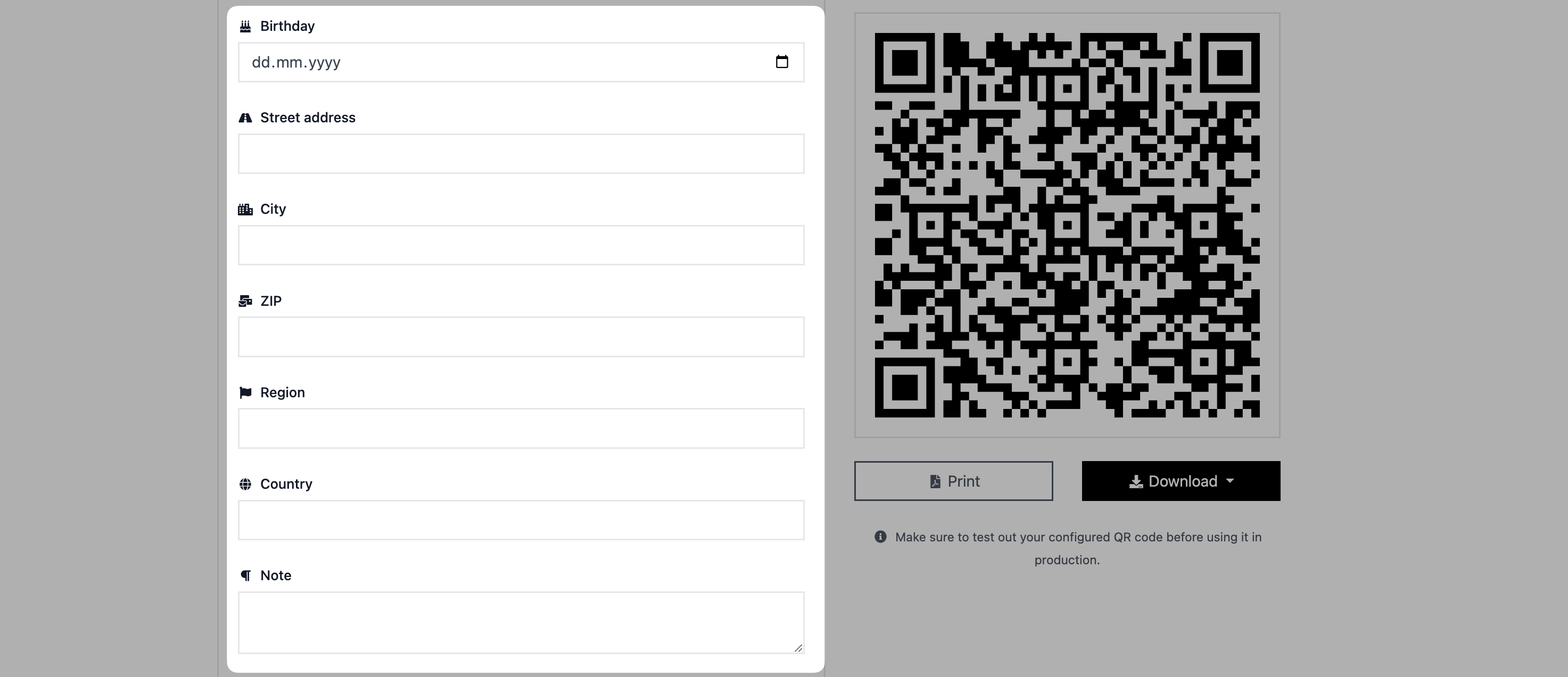 adding birthday address and note details to vcard qr code