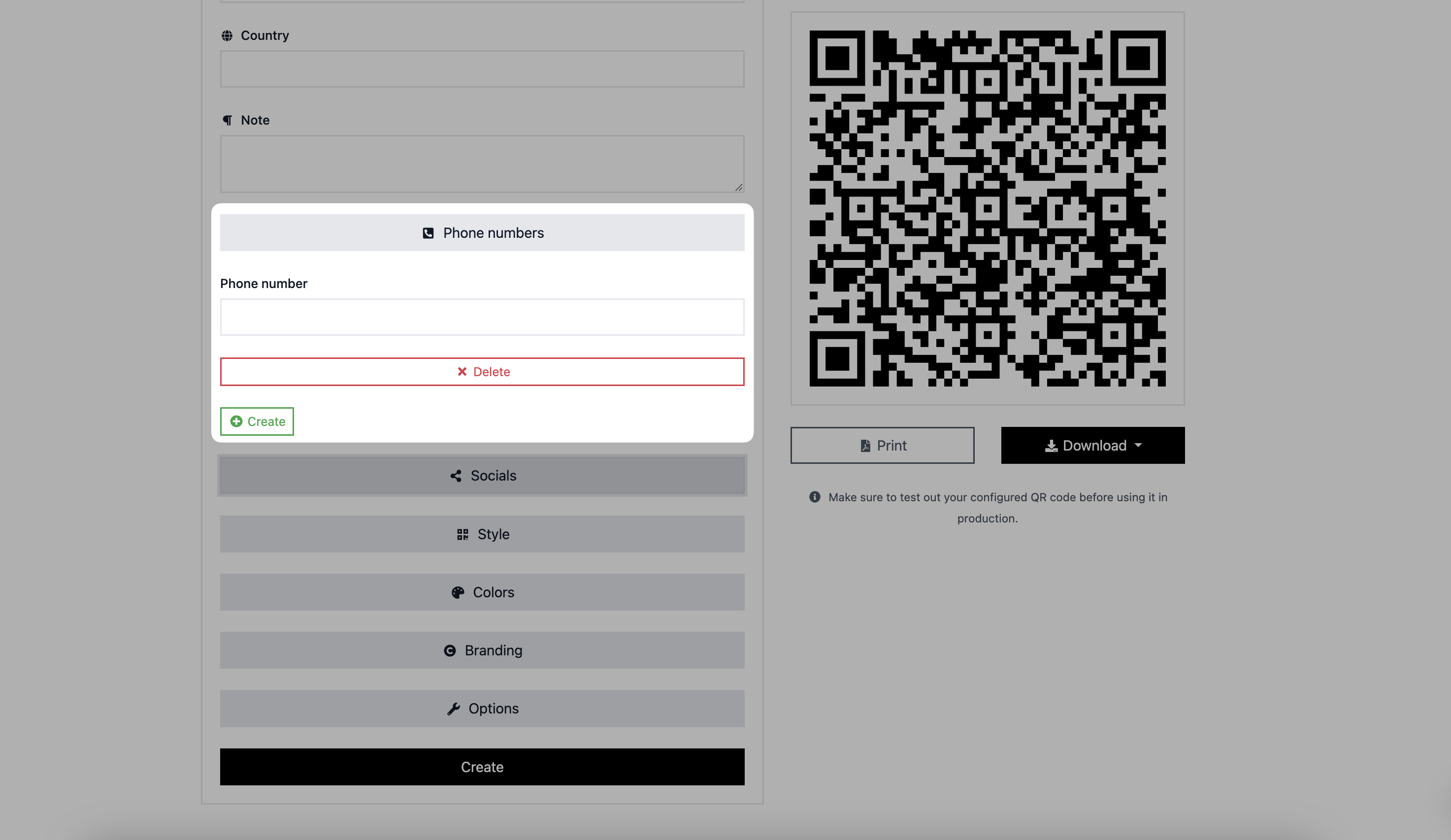 adding phone number details to a vcard qr code