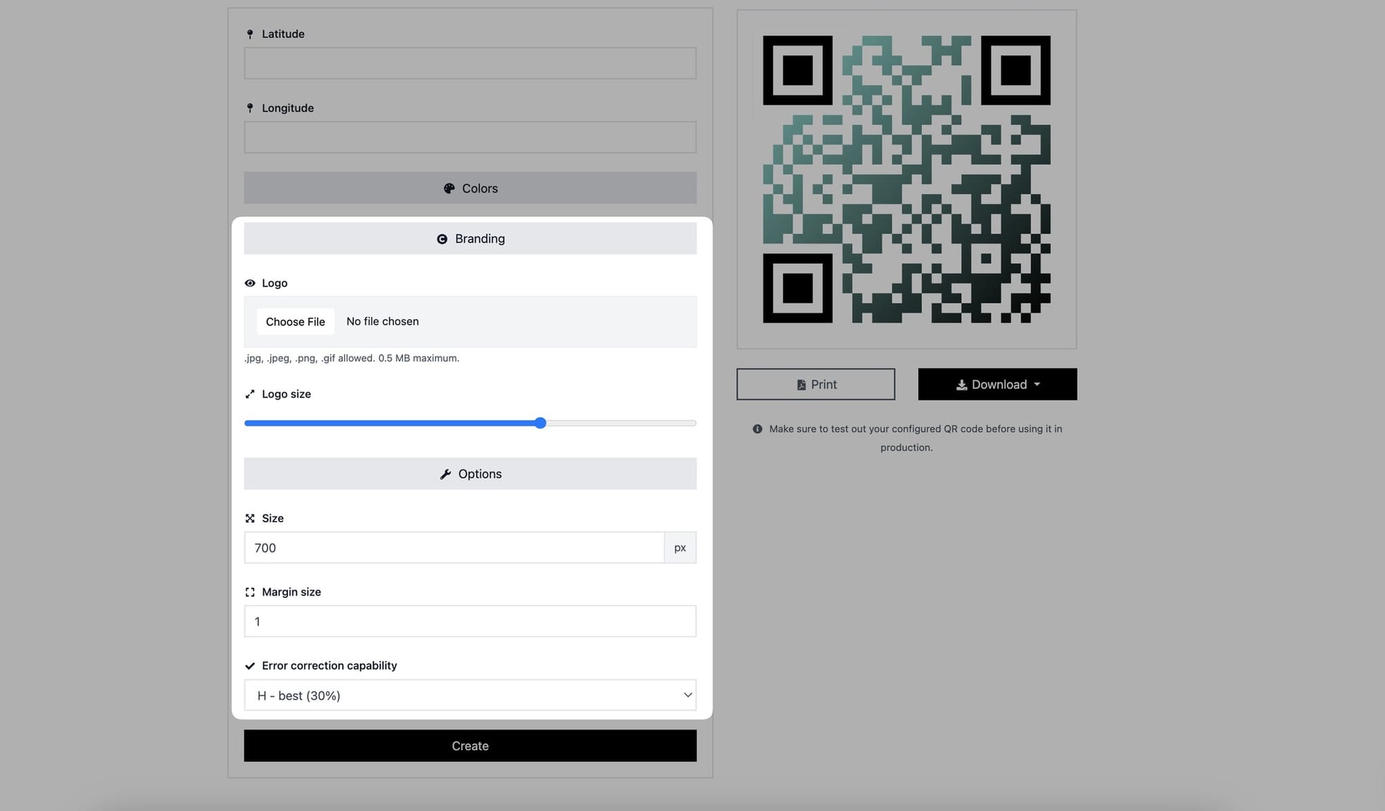 adjusting branding and options of a location qr code