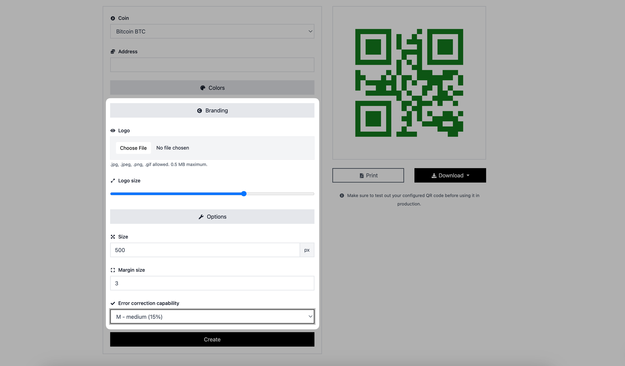adjusting branding and options of crypto qr code