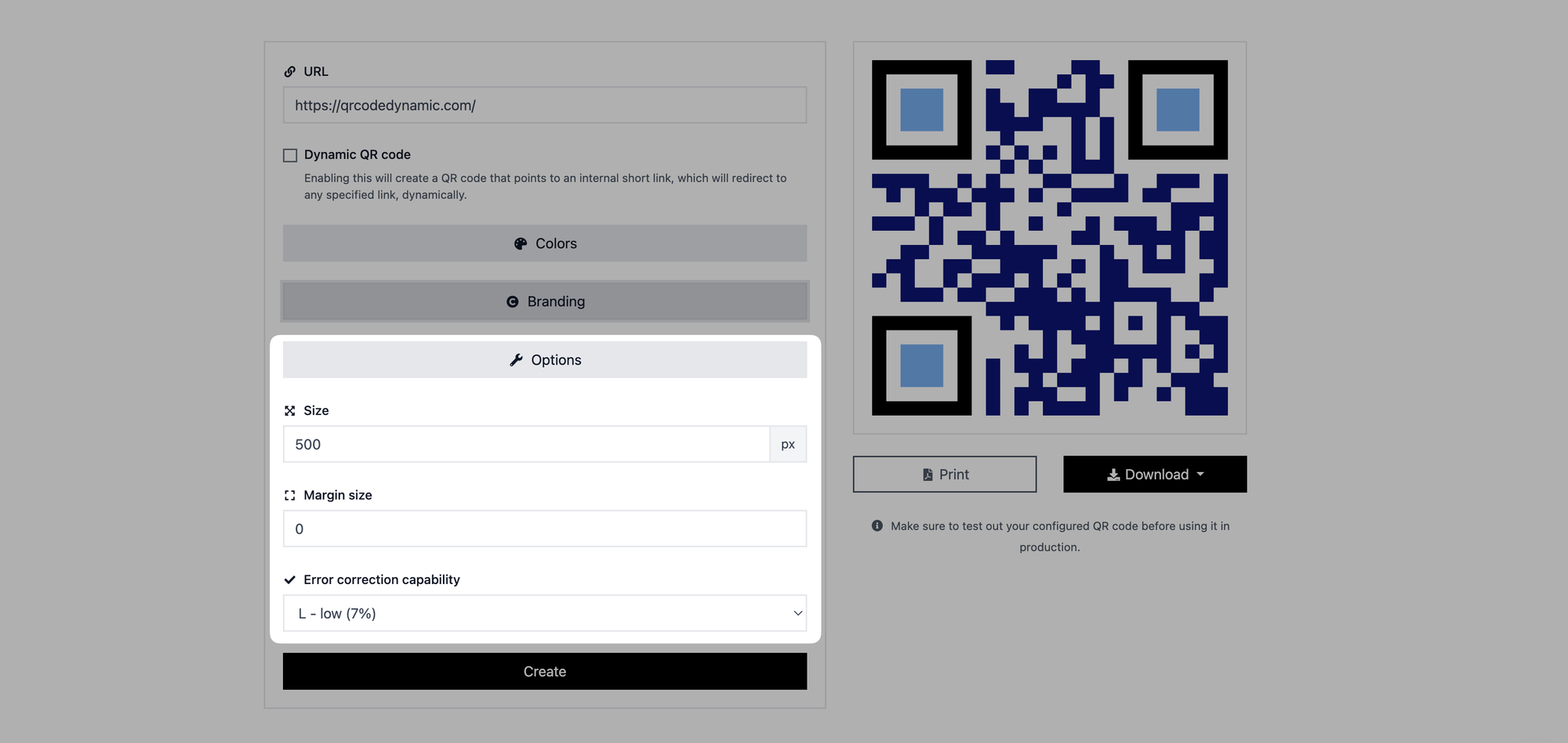 adjusting options of qr code