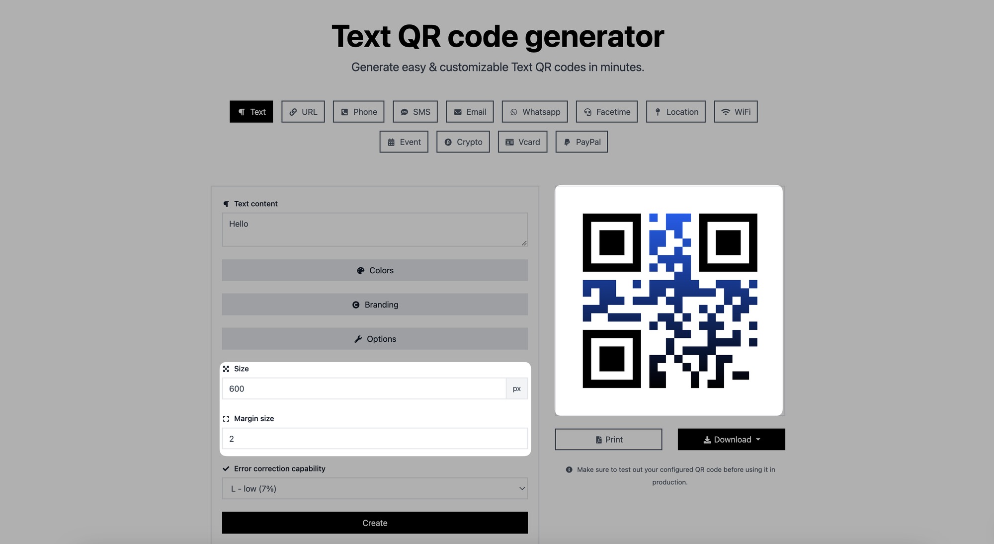 adjusting size and margin size of a qr code