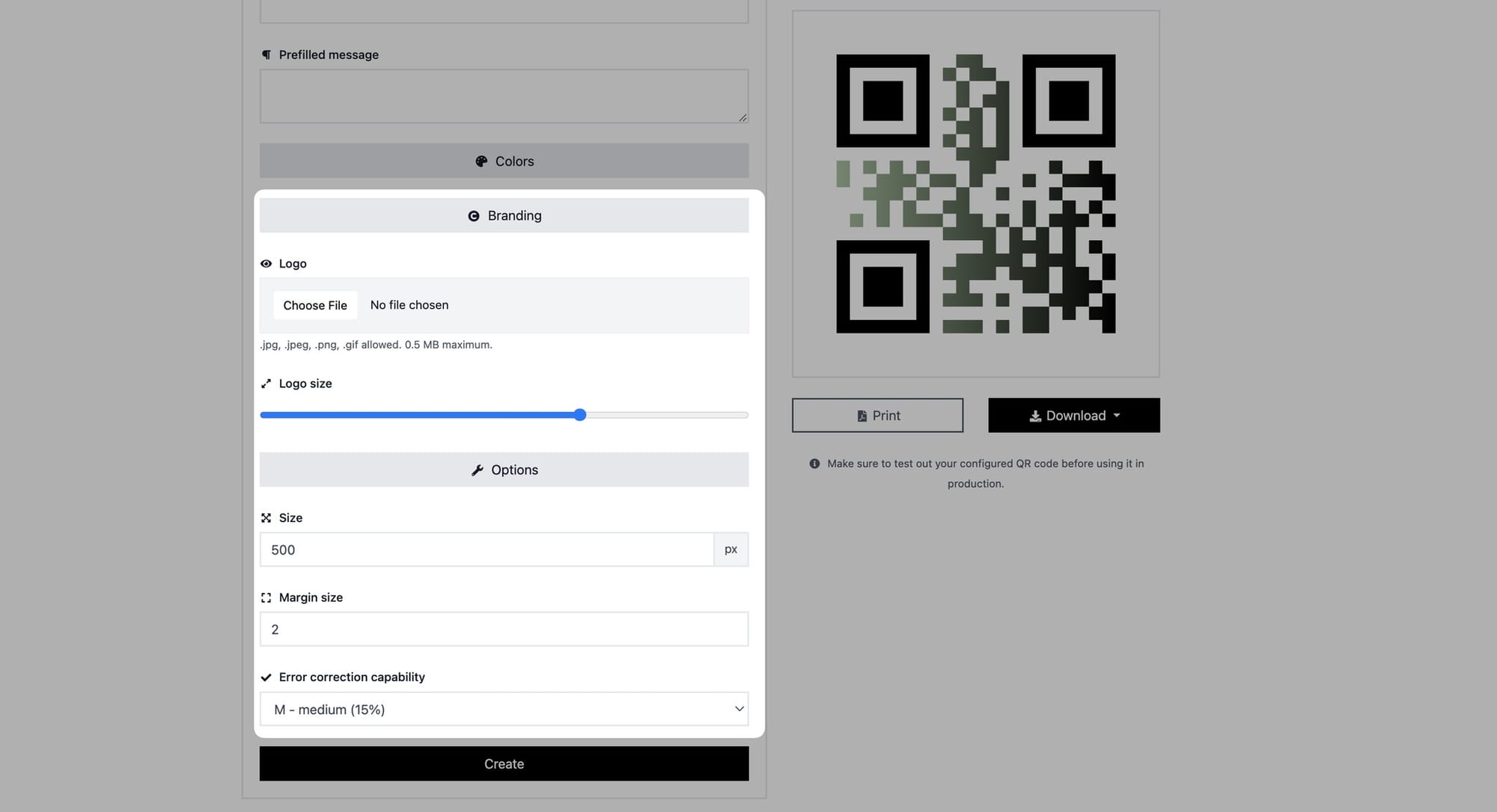 branding and options parts of a sms qr code