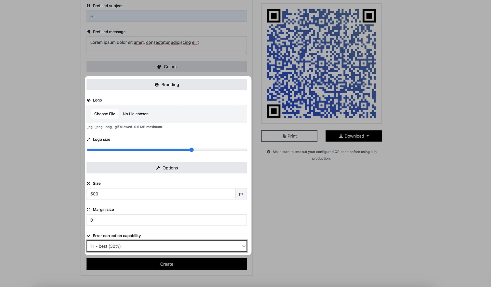 branding and options parts of an email qr code