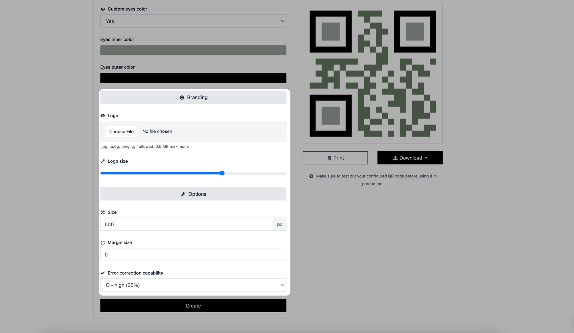 branding and options parts of text qr code