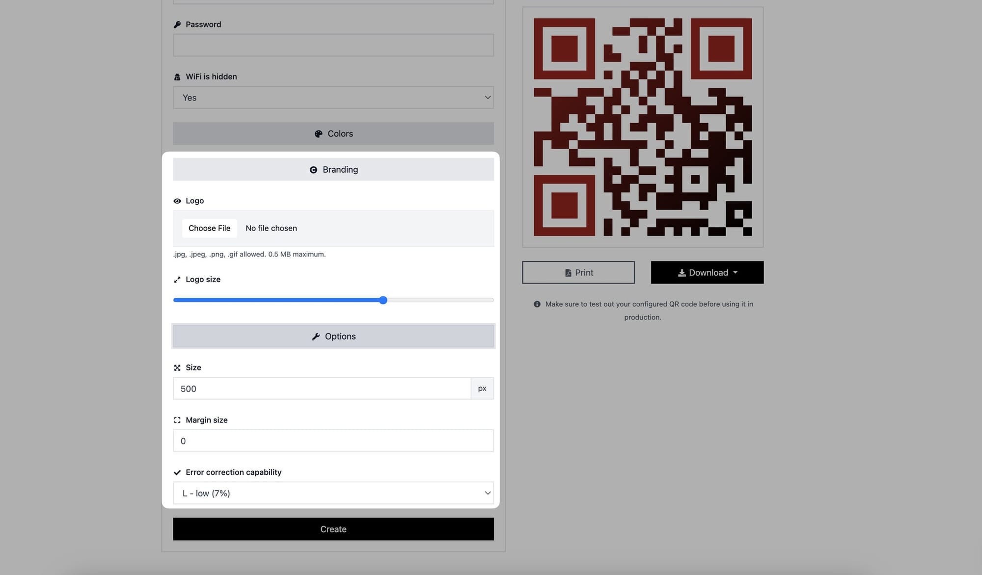 branding and options sections of a wifi qr code