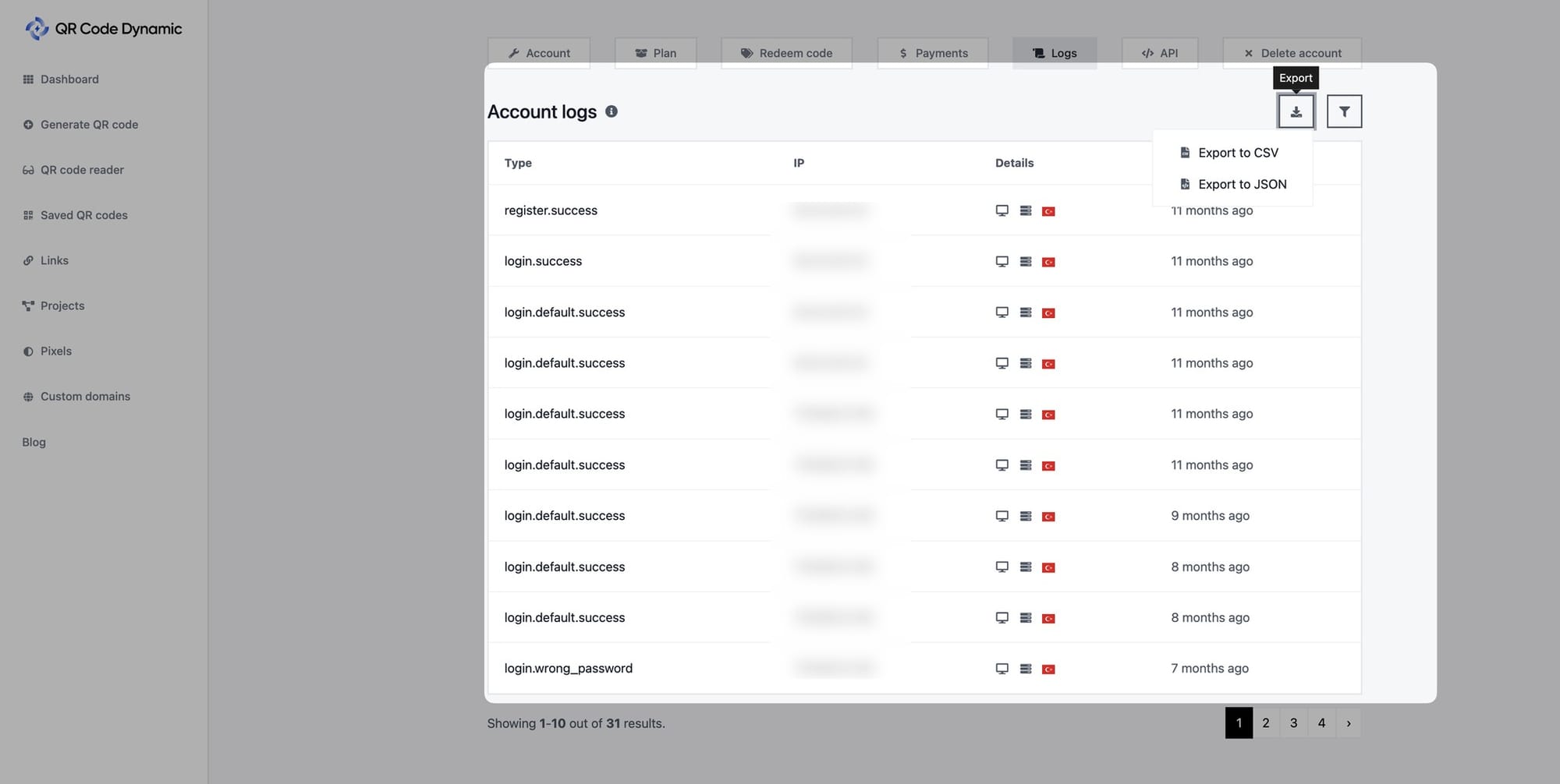 checking account logs and exporting