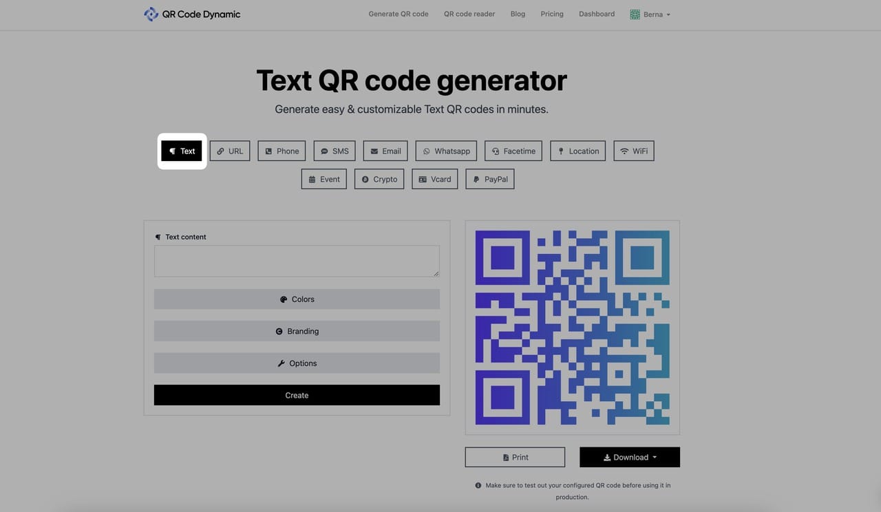 choosing the text qr code type