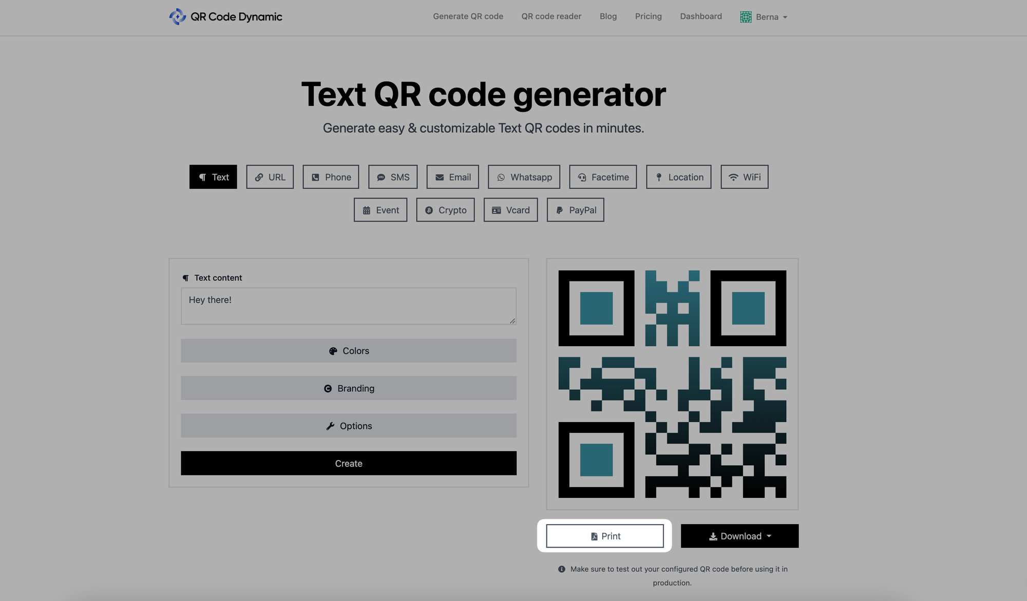 clicking print button on qr code