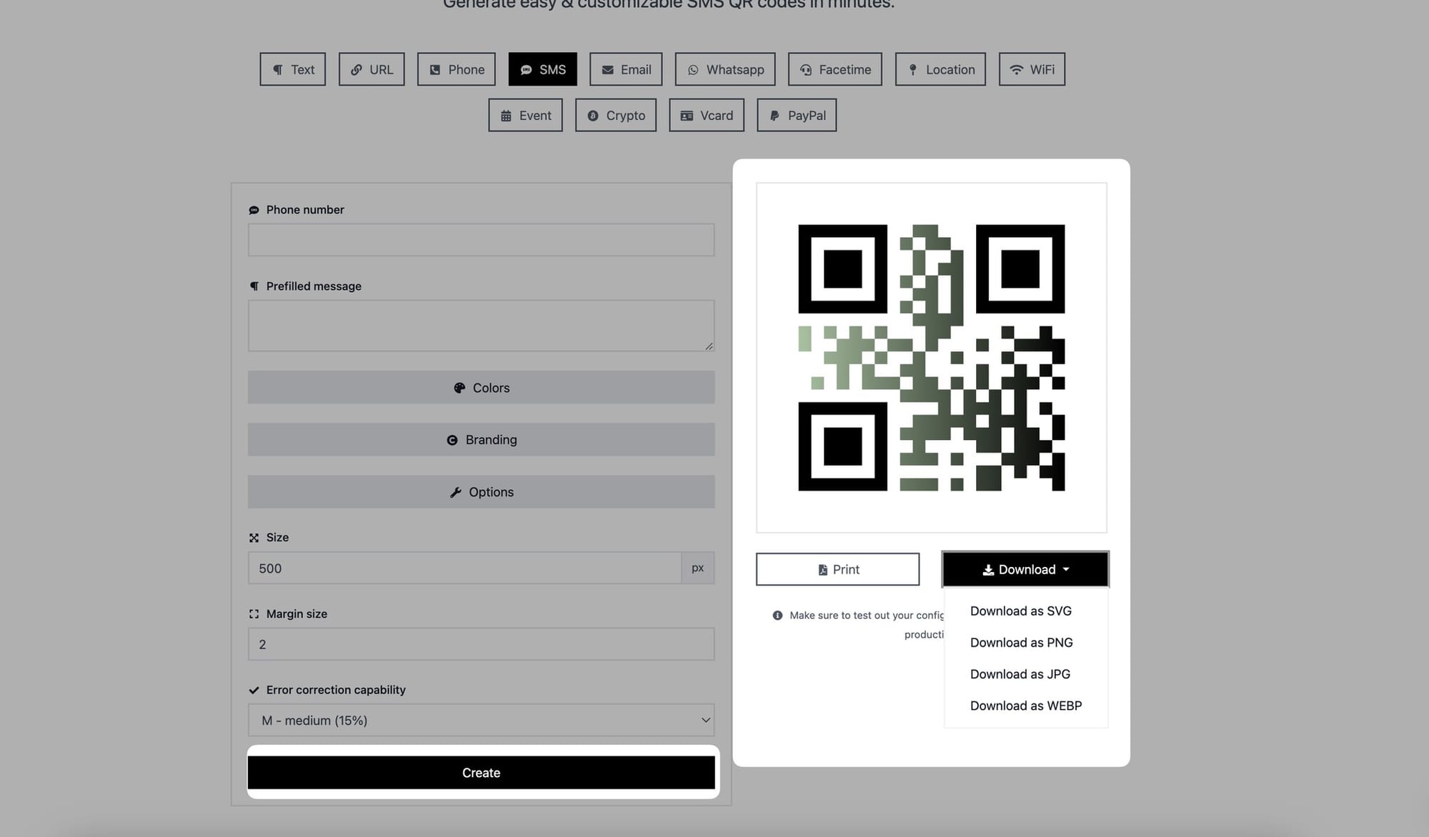 create and download buttons of sms qr code