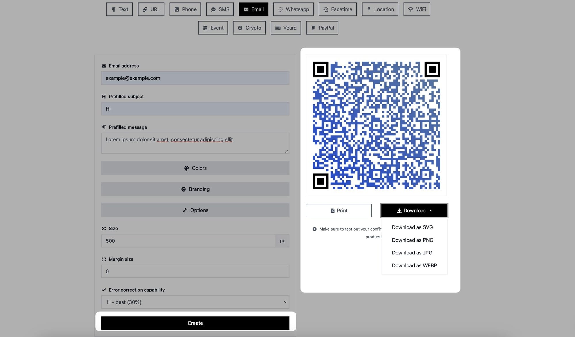create button and print download options of email qr code