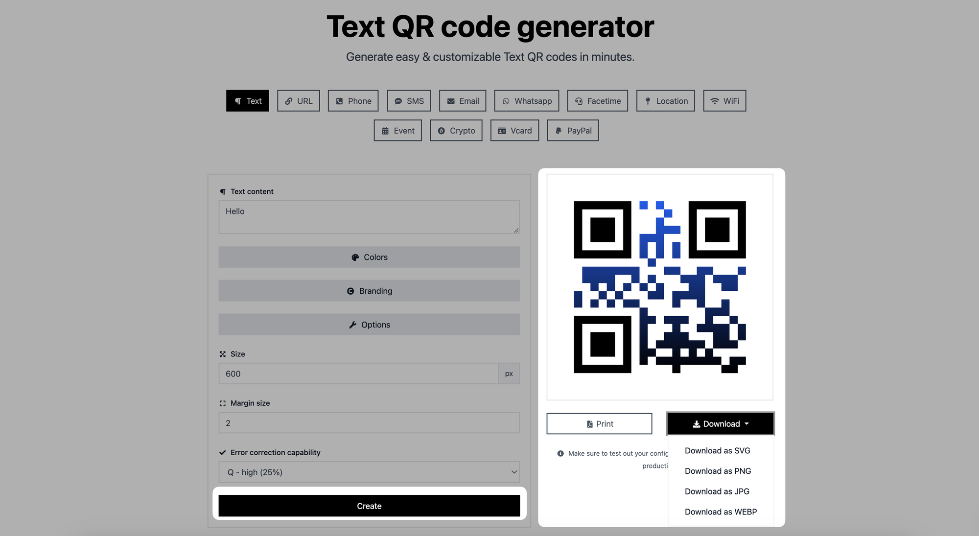 creating a qr code and downloading it