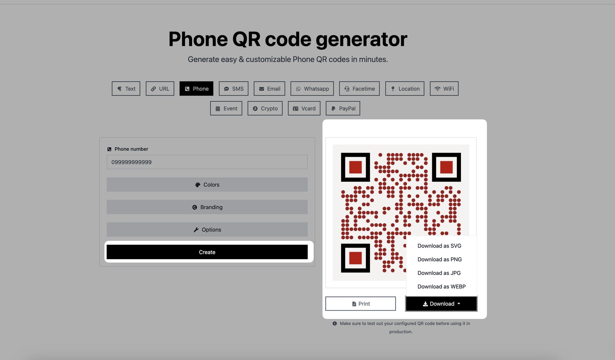 creating and download options of phone qr code