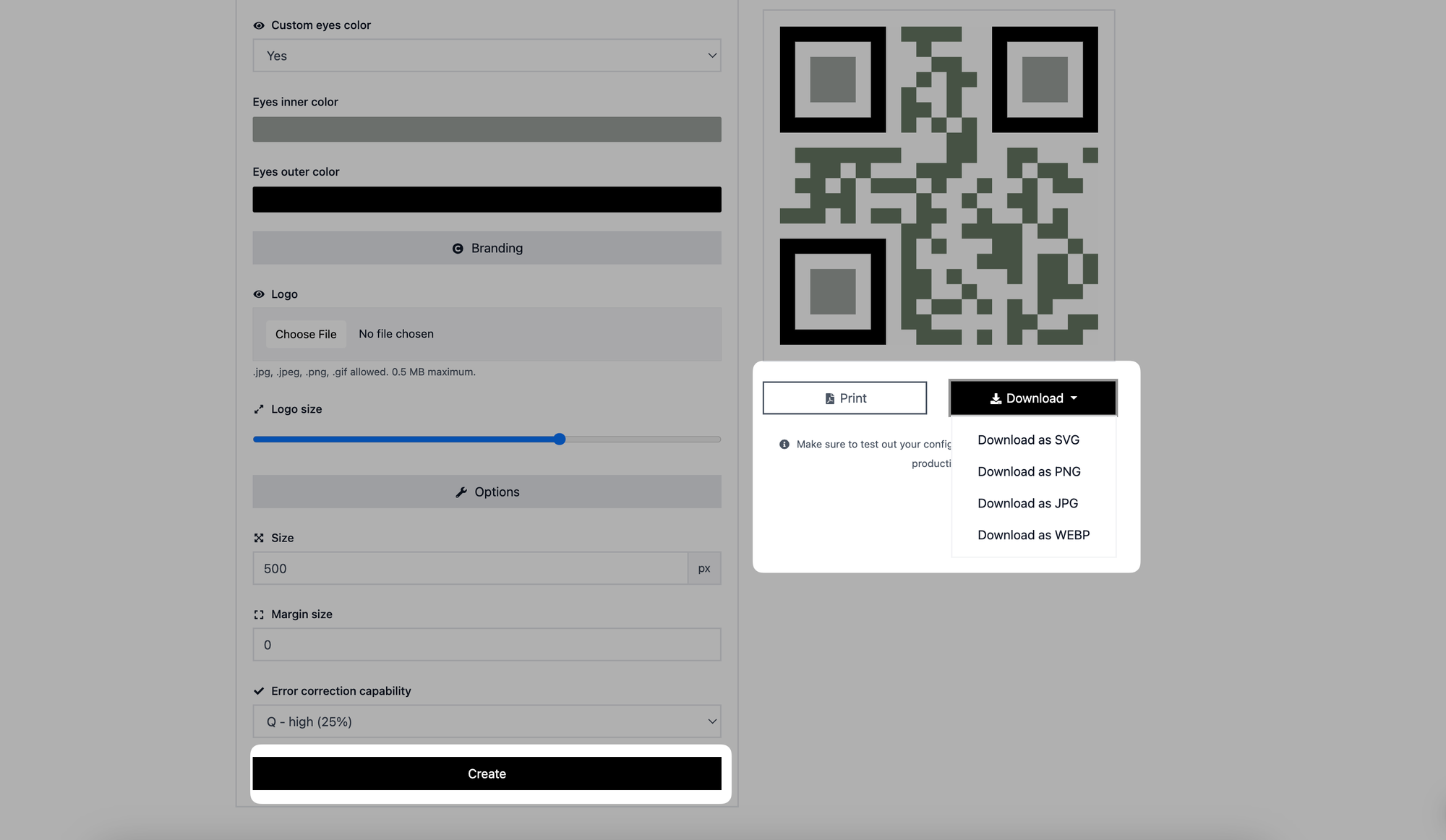 creating and download options of text qr code
