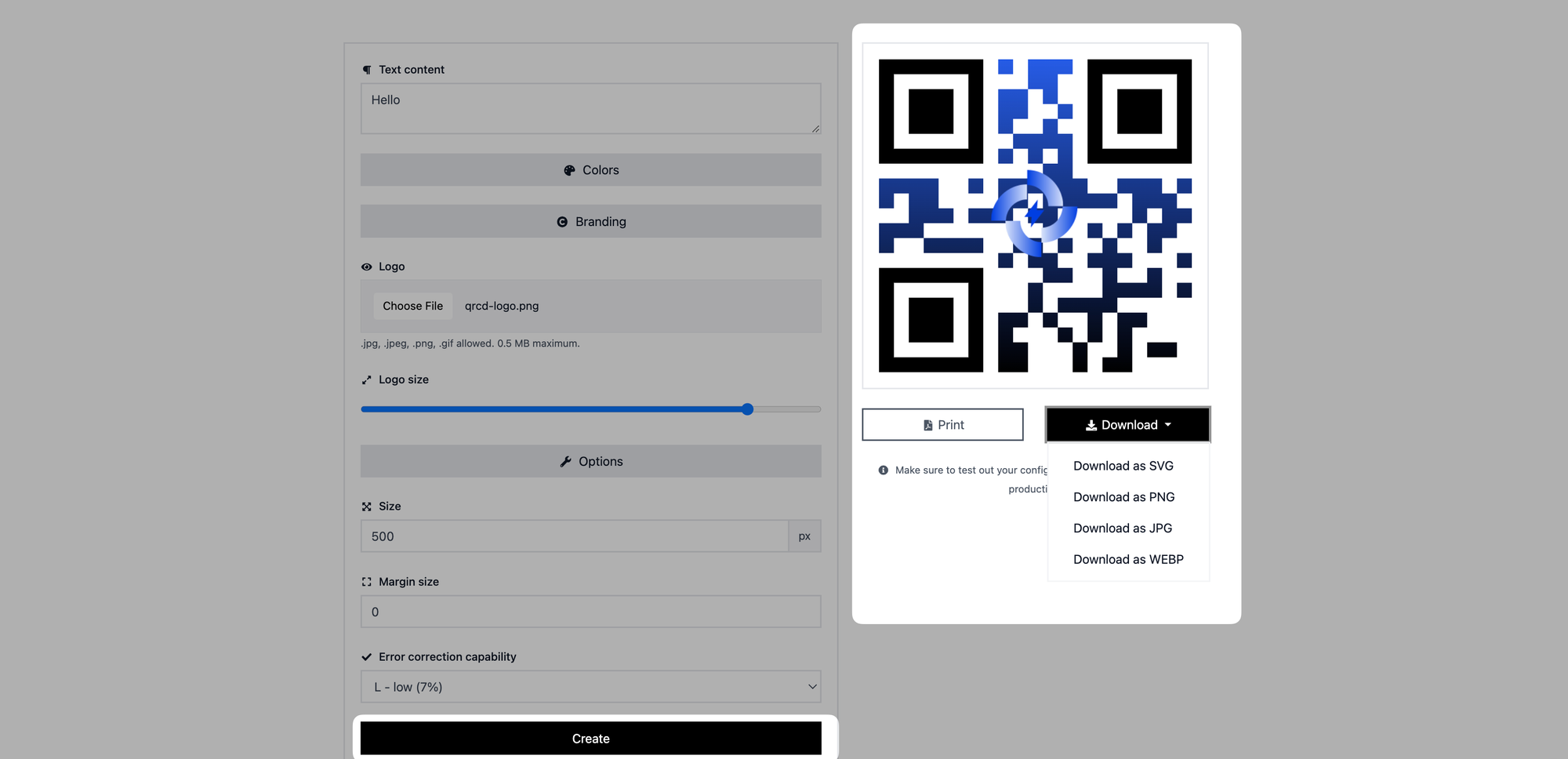 creating and downloading a qr code