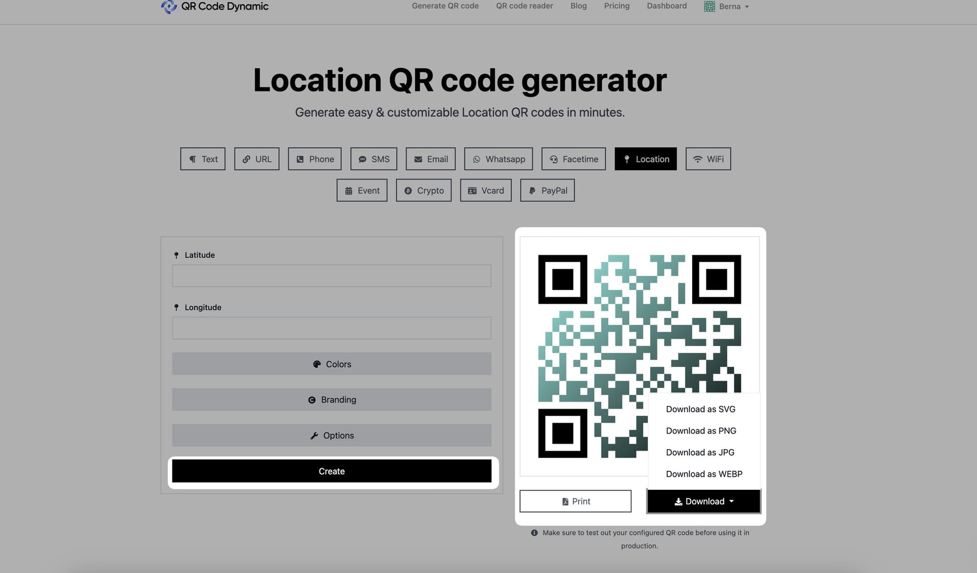creating and downloading location qr code