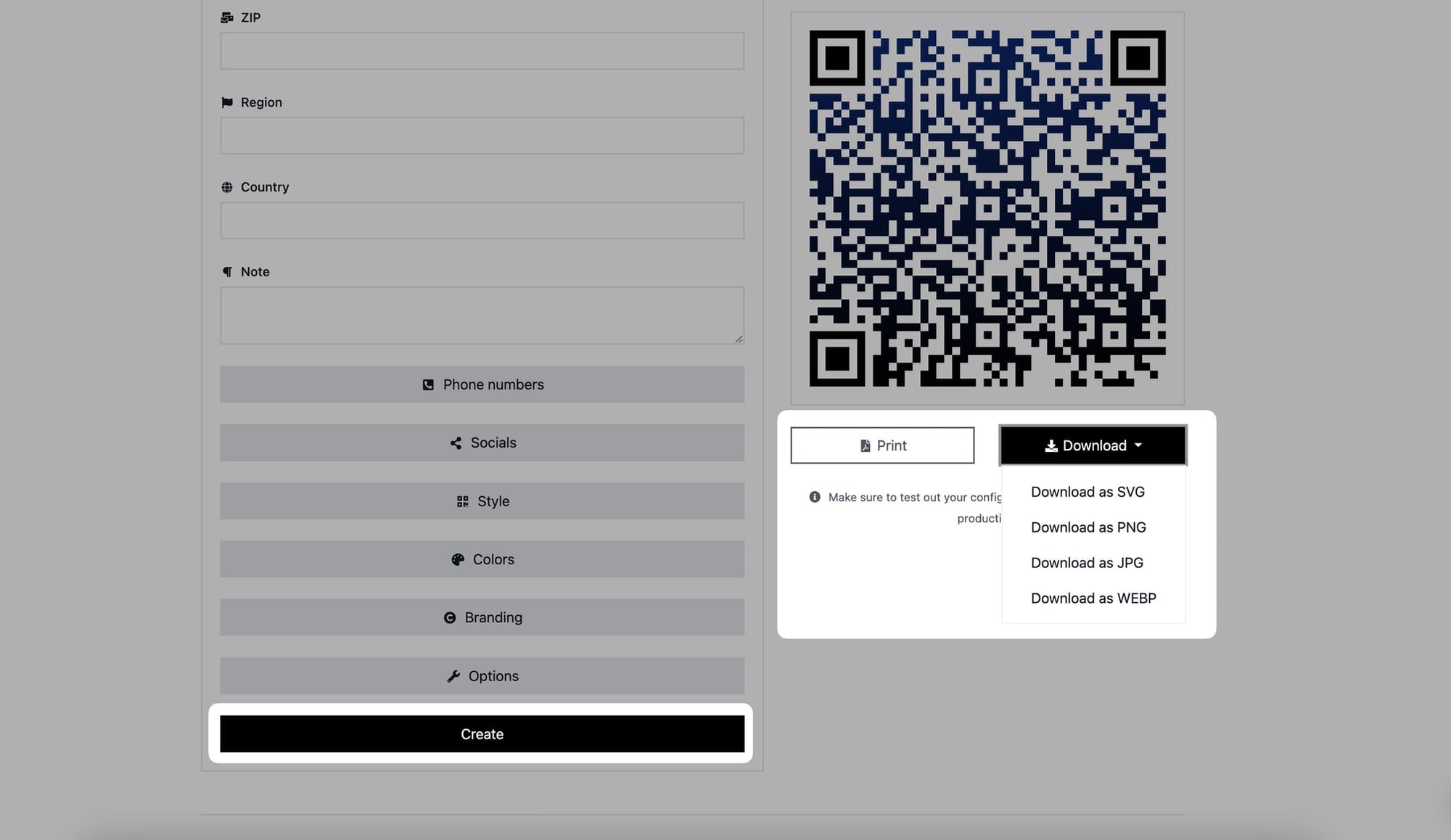 creating printing downloading a vcard qr code