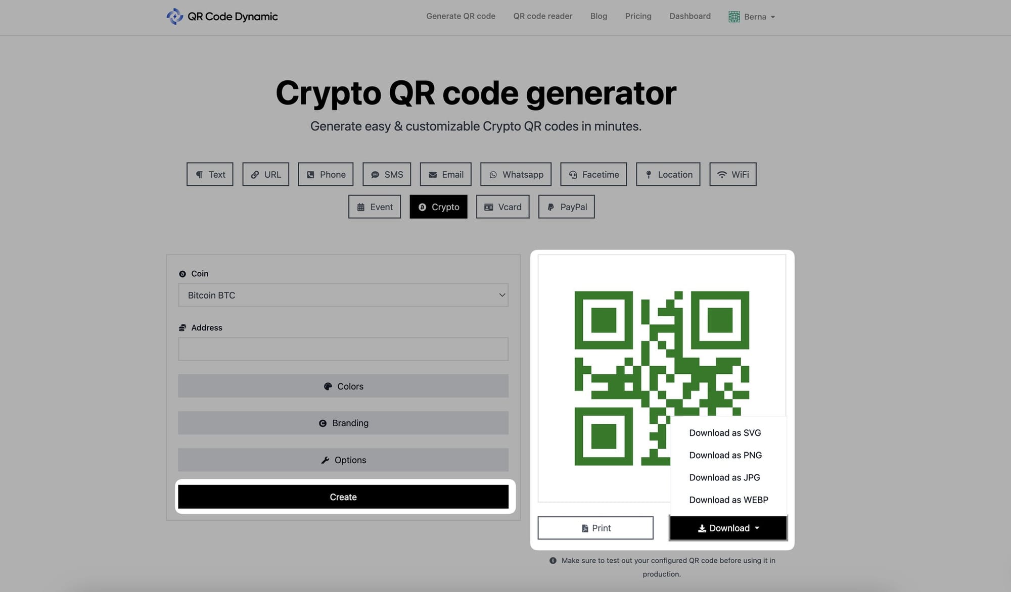 creating printing or downloading crypto qr code