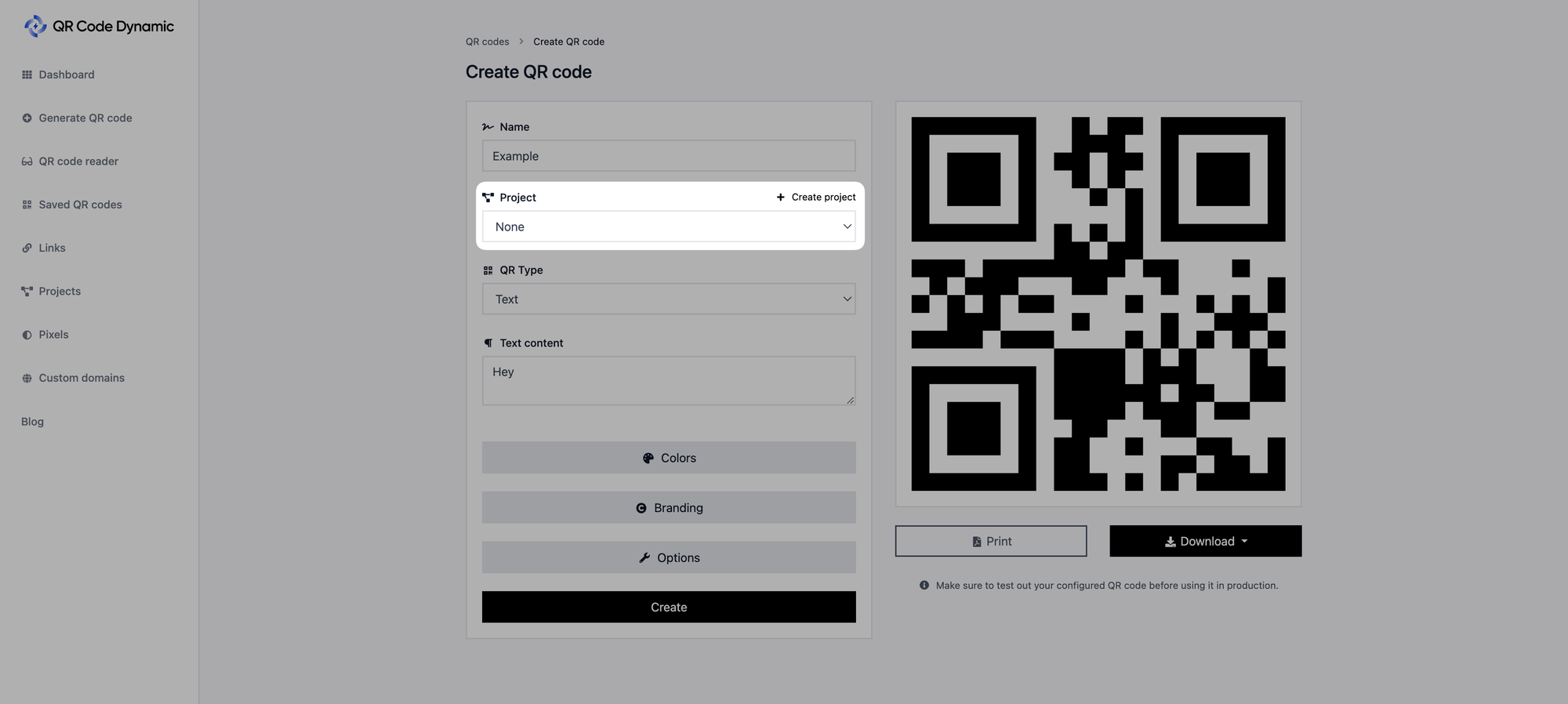 creating project from qr code page