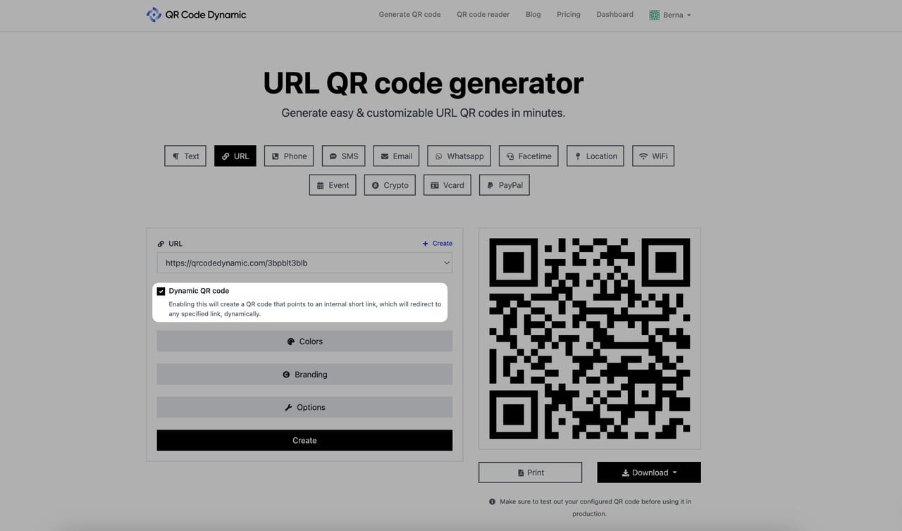 enabling dynamic qr code feature for url qr code
