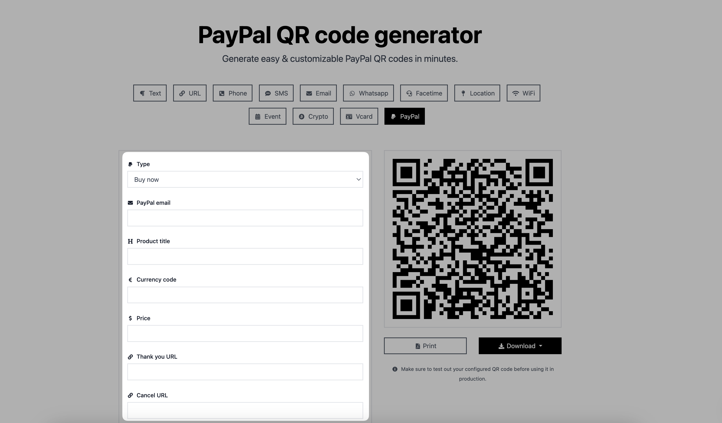 entering details of a paypal qr code