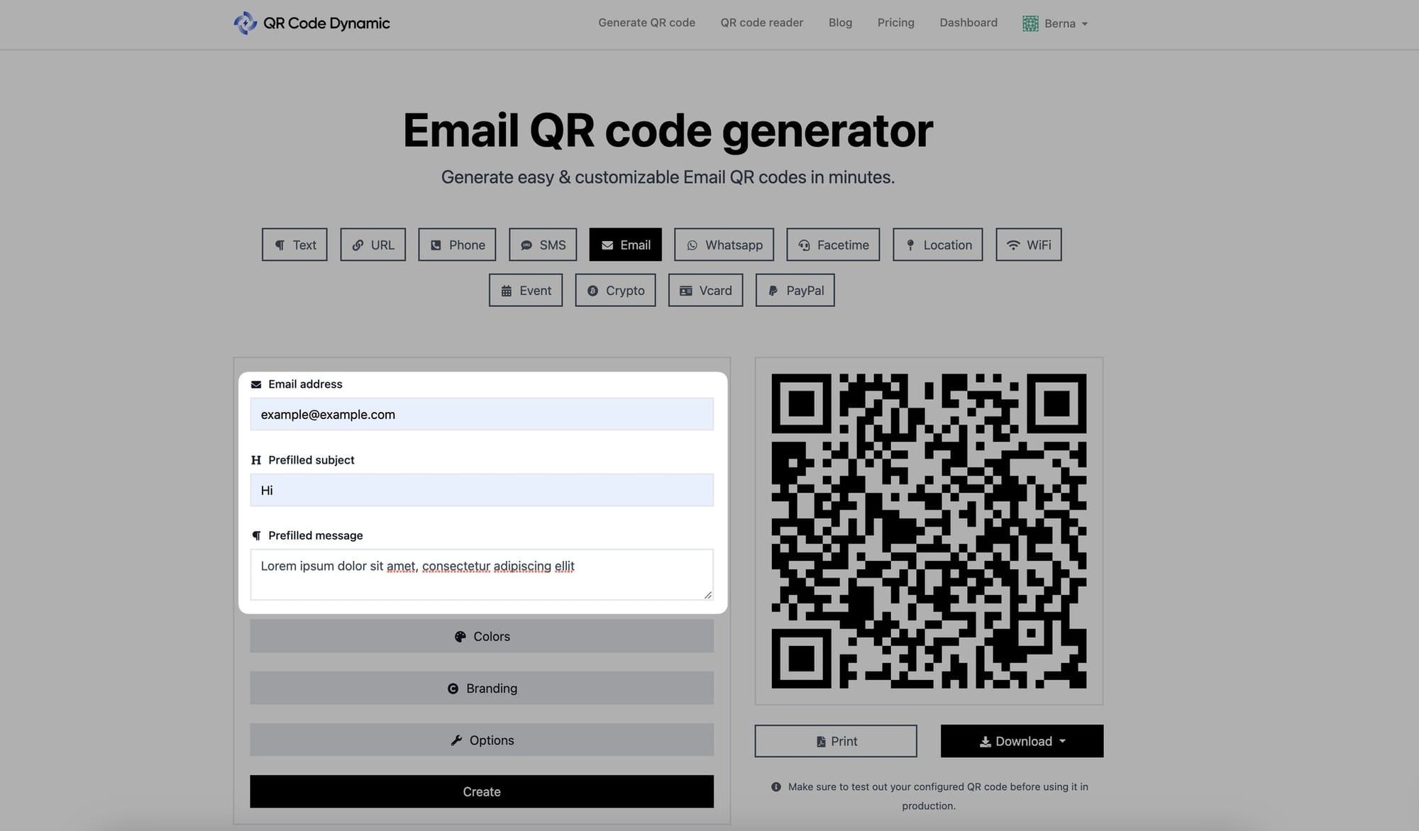 entering email address subject and message to email qr code