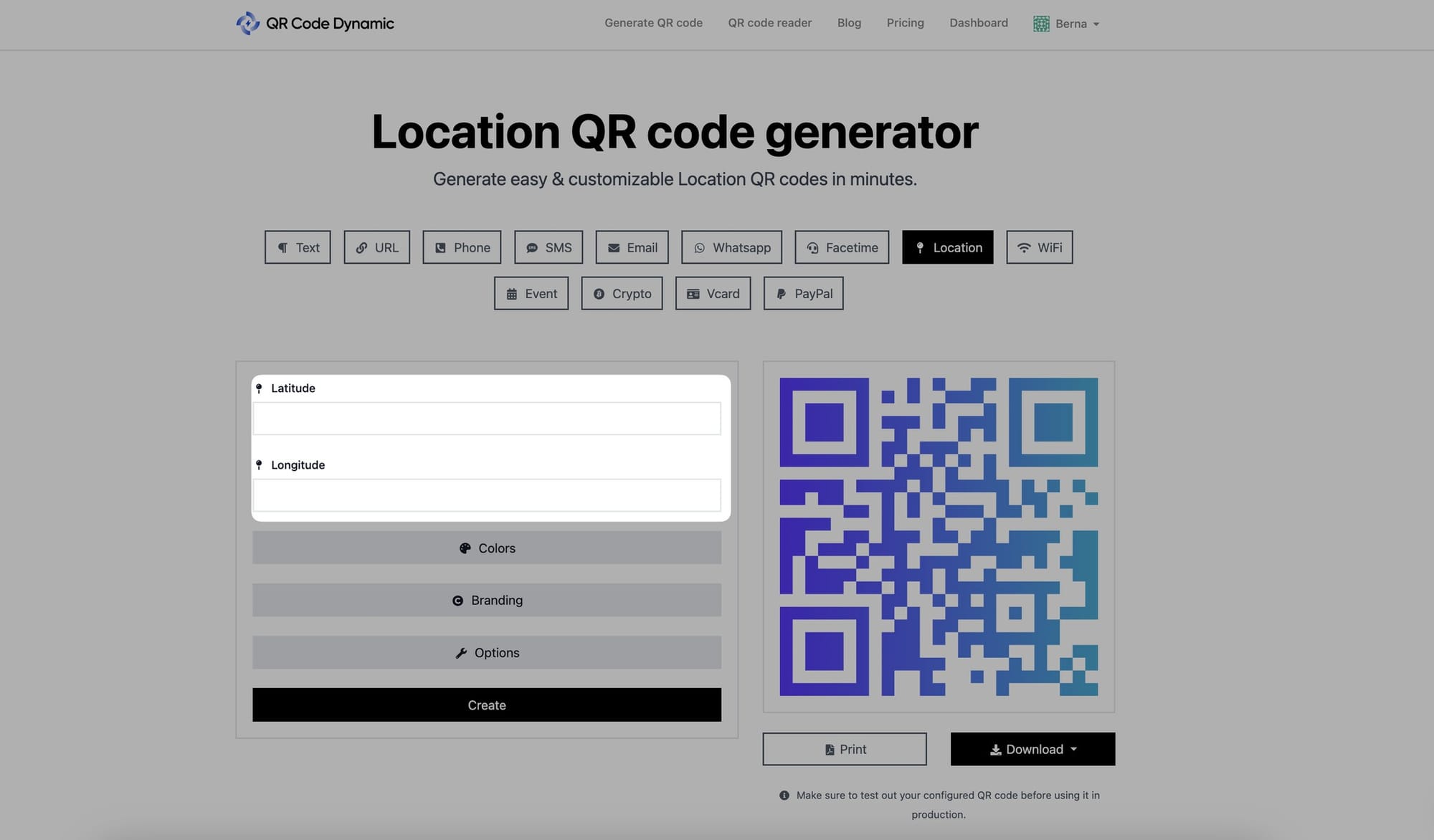 entering latitude and longitude of a location qr code