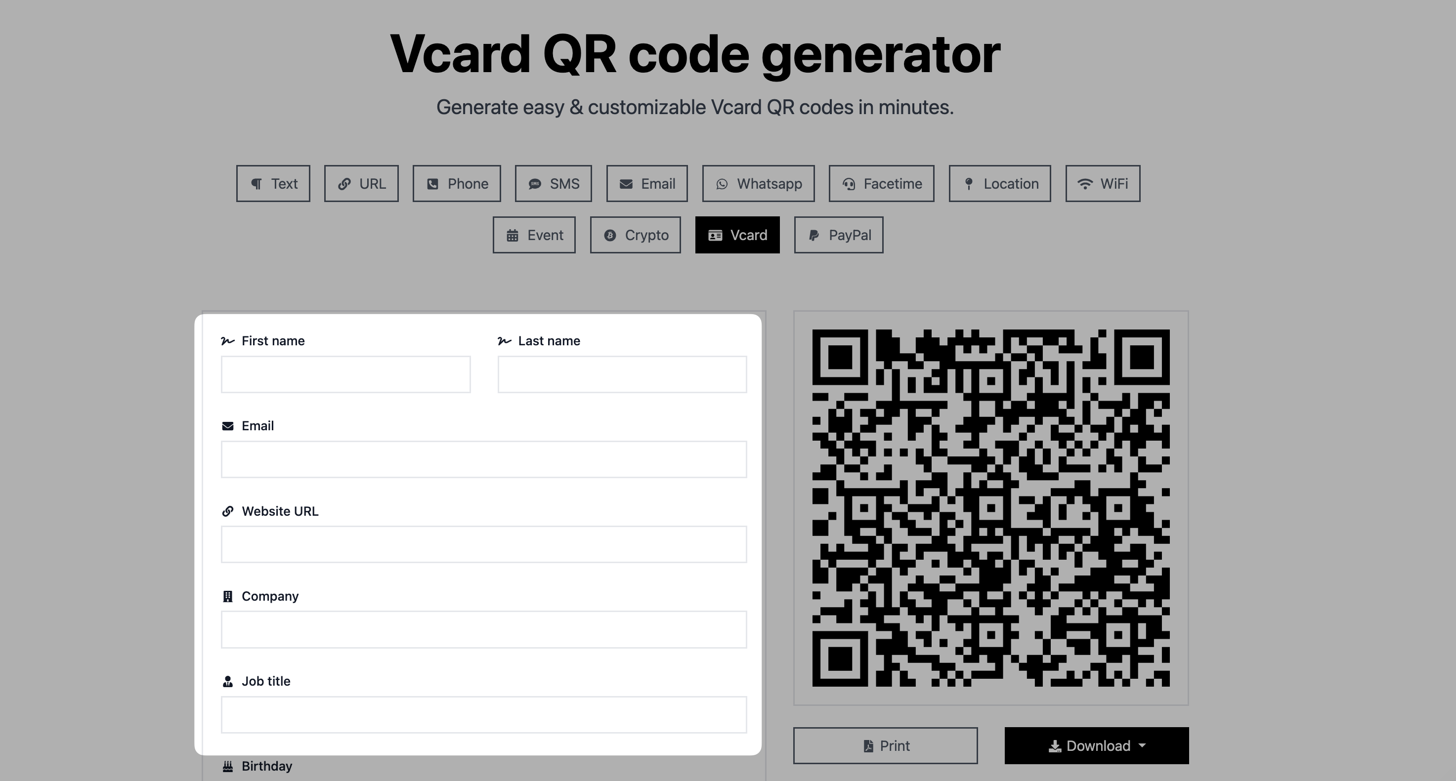 entering name email url company title to vcard qr code