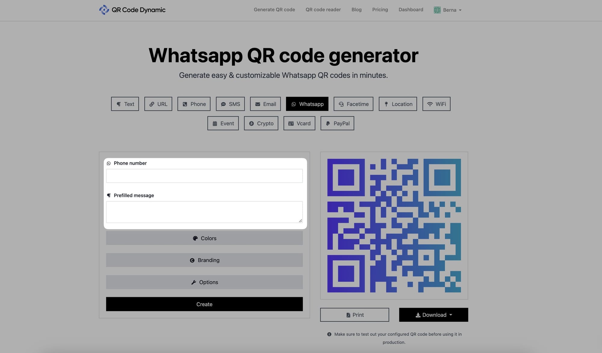 entering phone number and prefilled message to whatsapp qr code