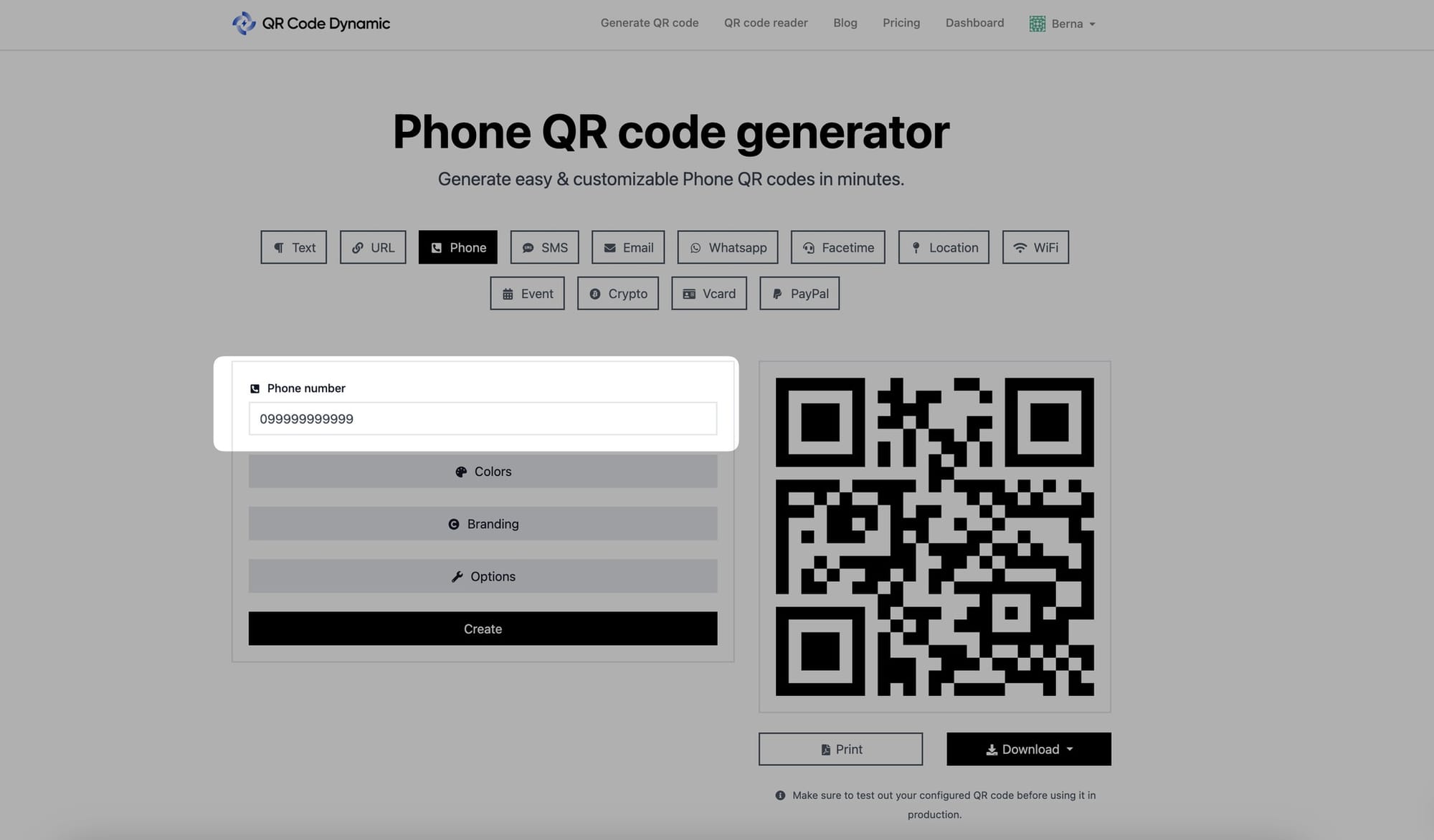 entering the phone number to qr code