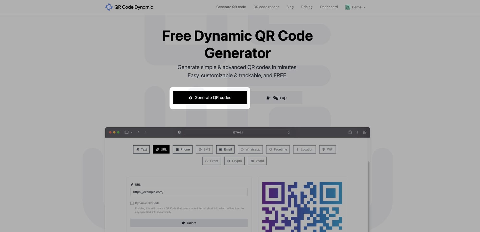 generate qr code button on homepage