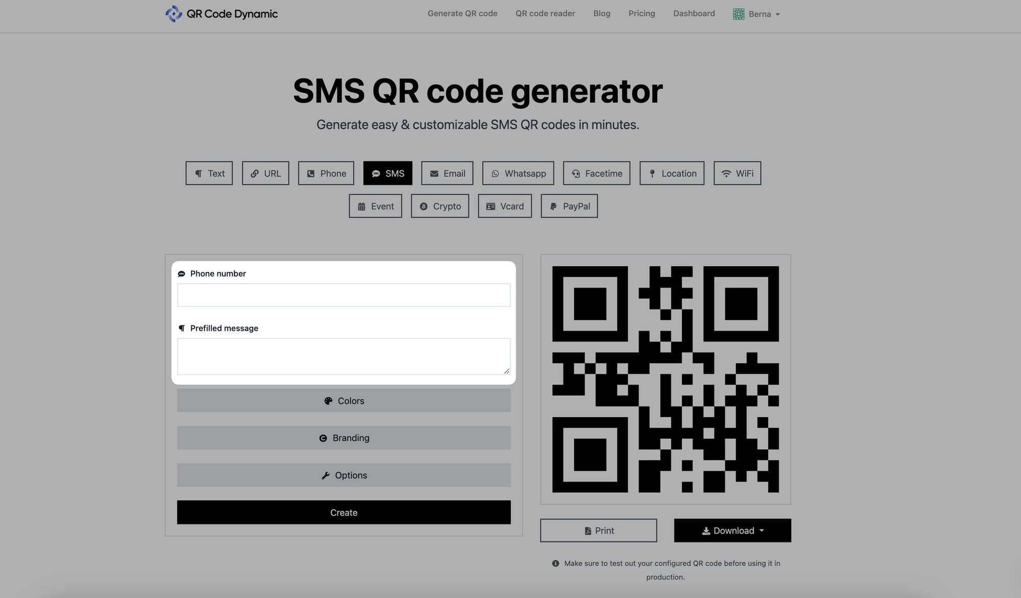 phone number and prefilled message areas of sms qr code