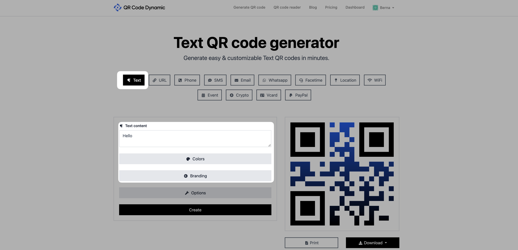 select qr type and customize it