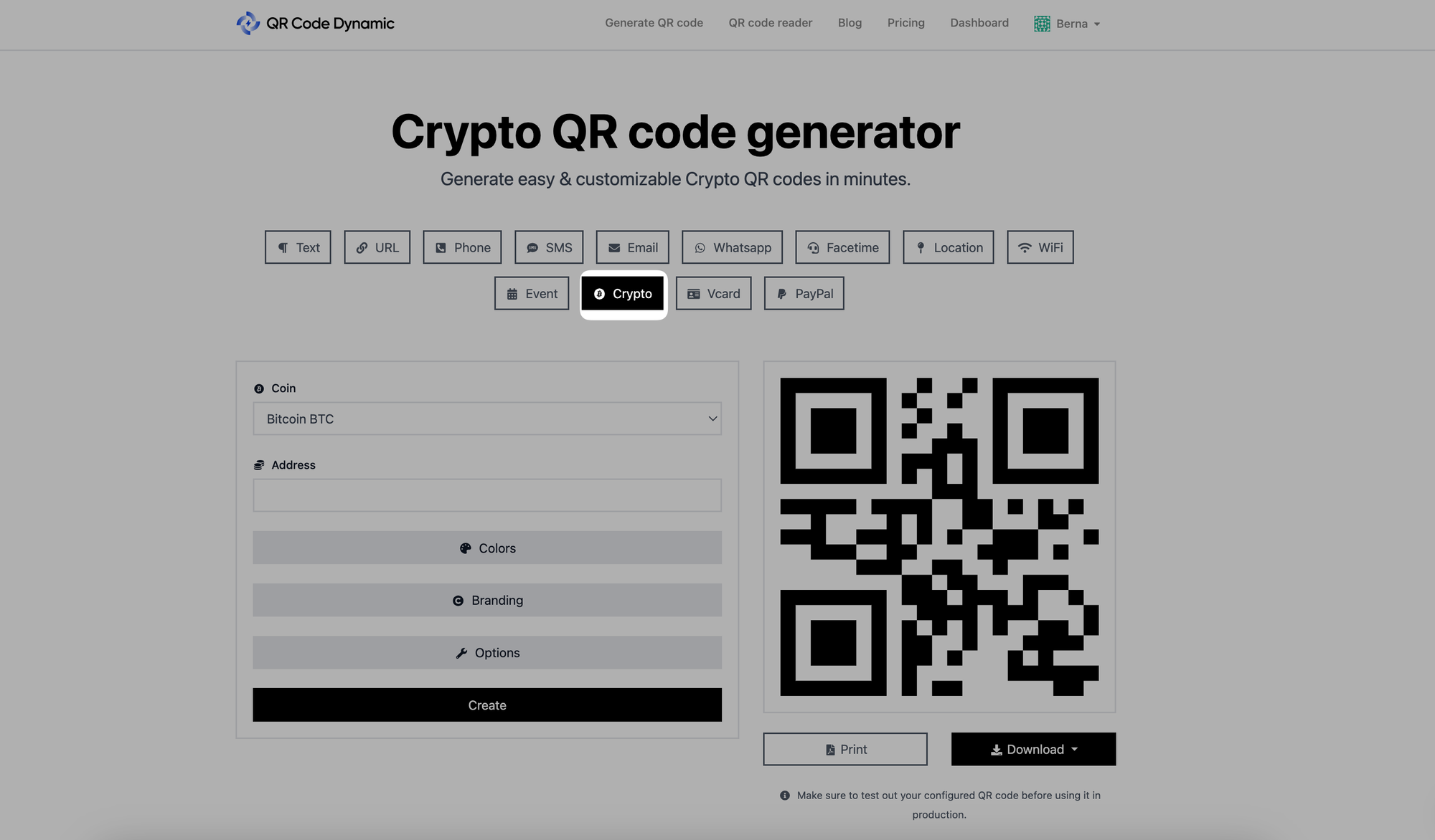 selecting crypto qr code type