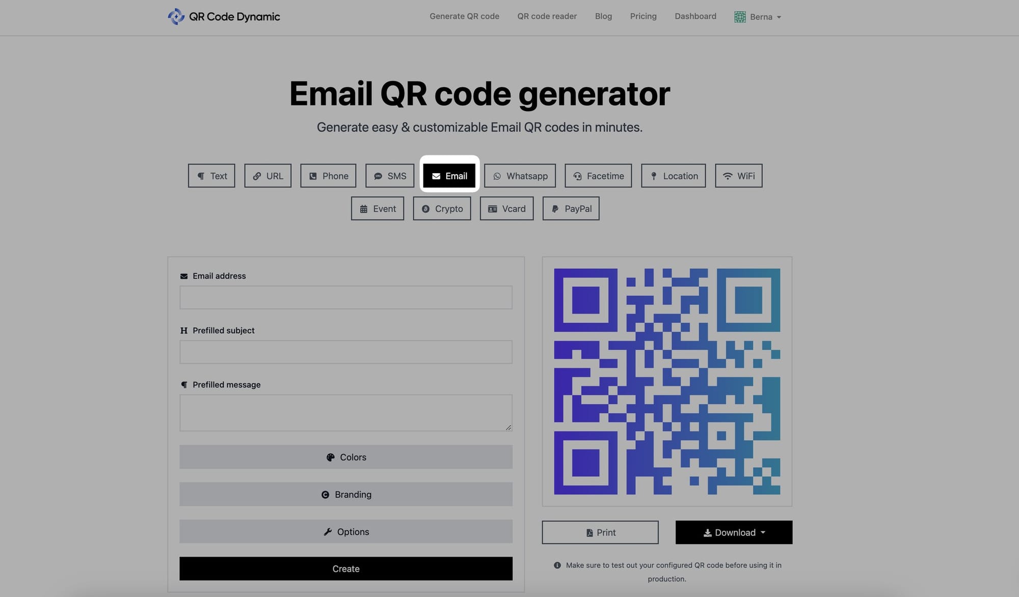 selecting email qr code type from the list