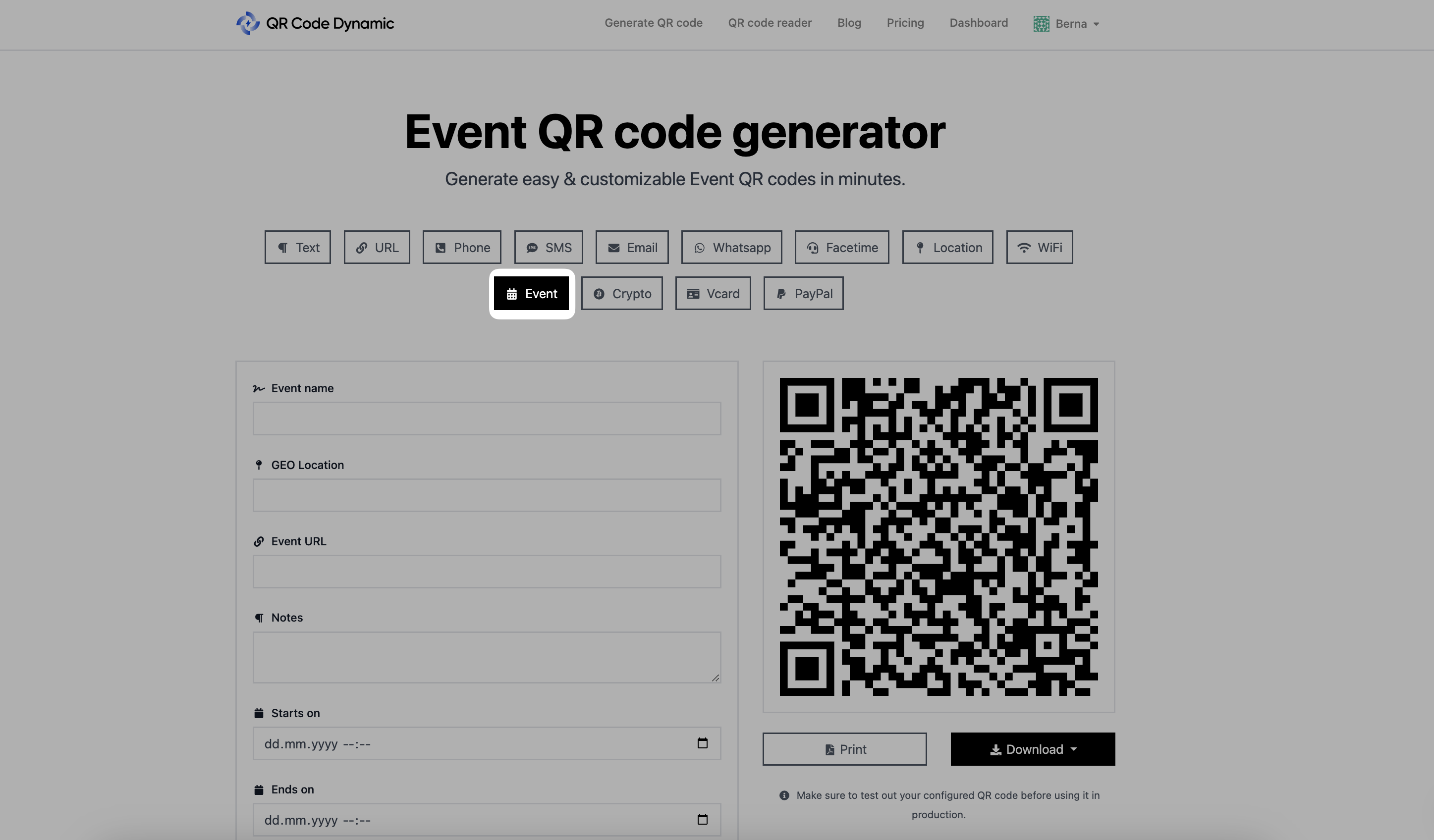 selecting event qr code type
