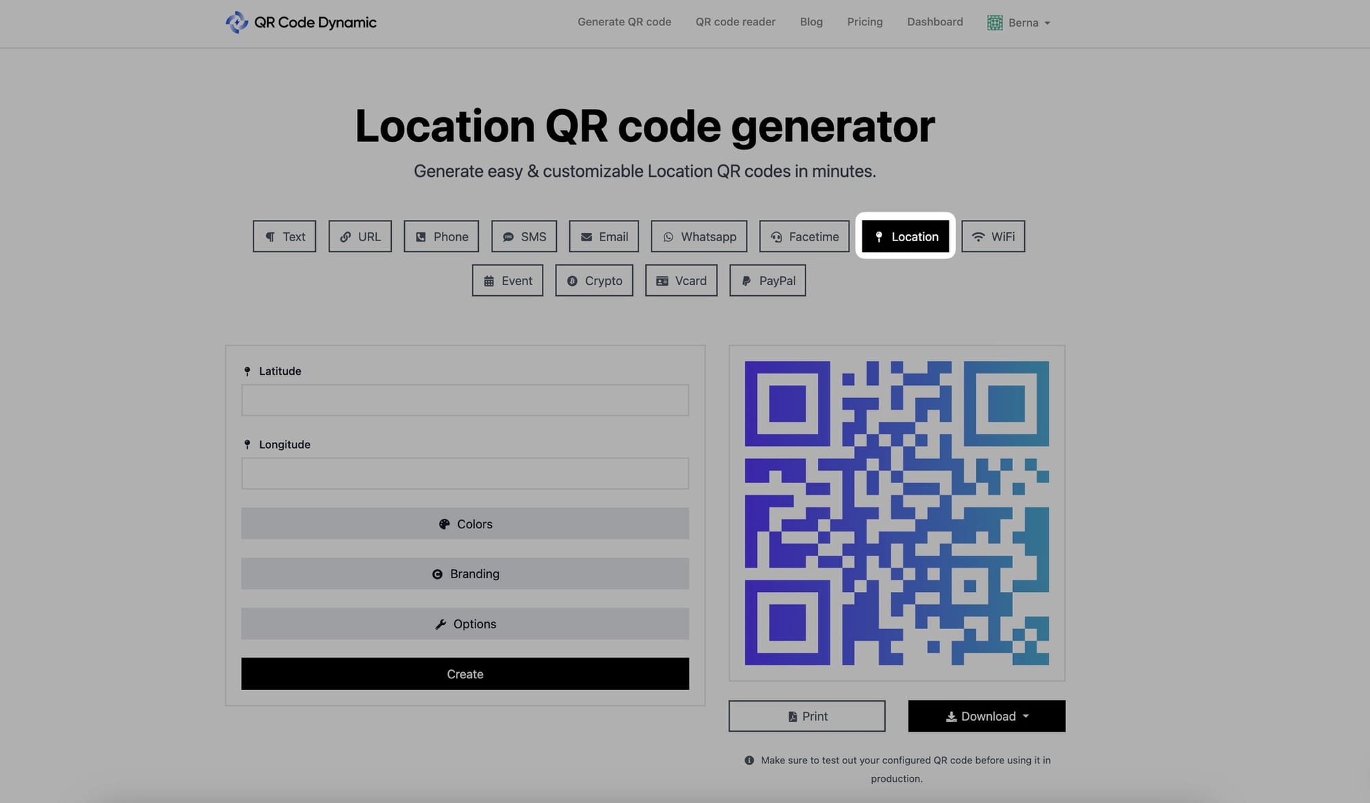 selecting location qr code type