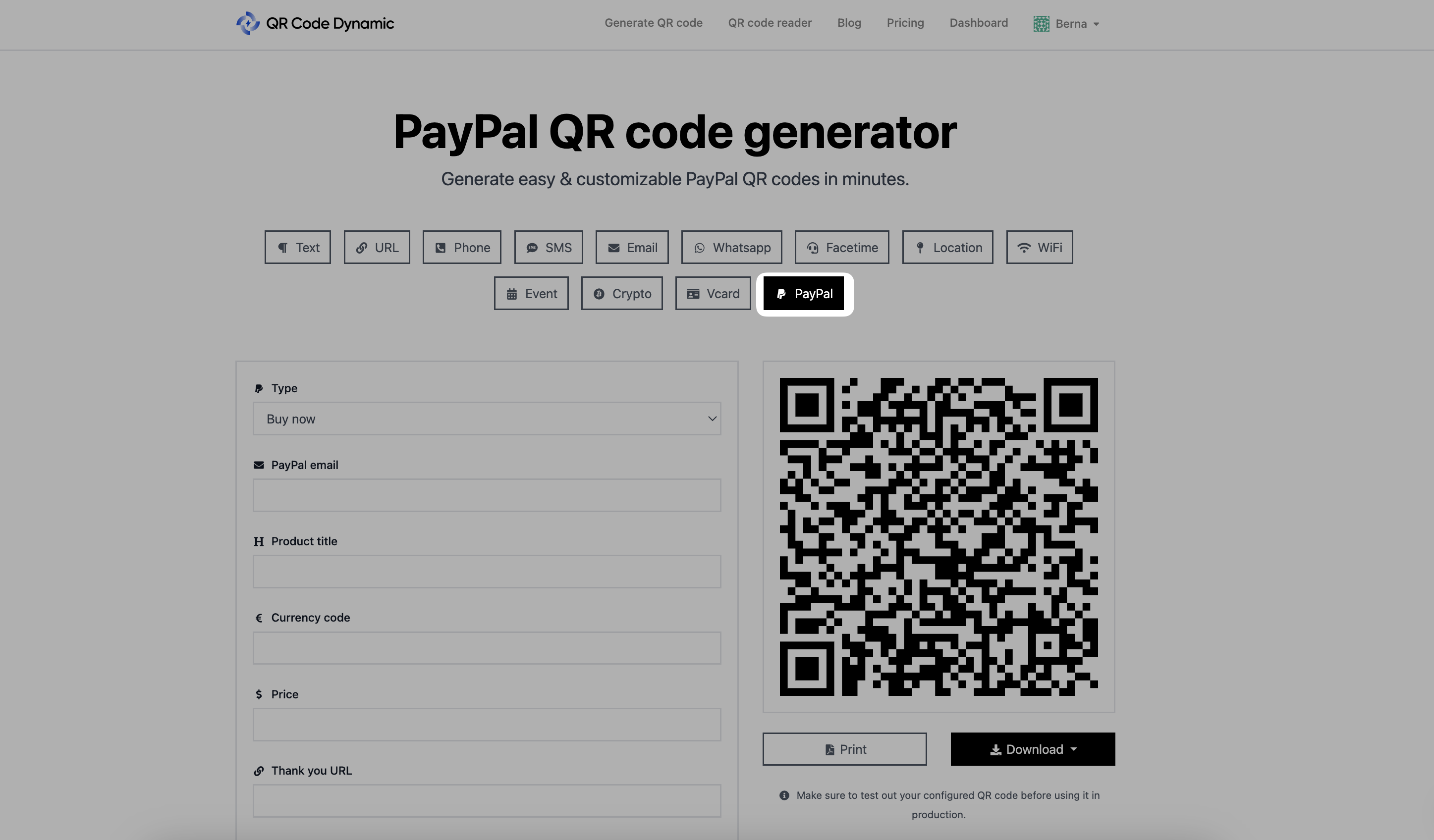 selecting paypal qr code type
