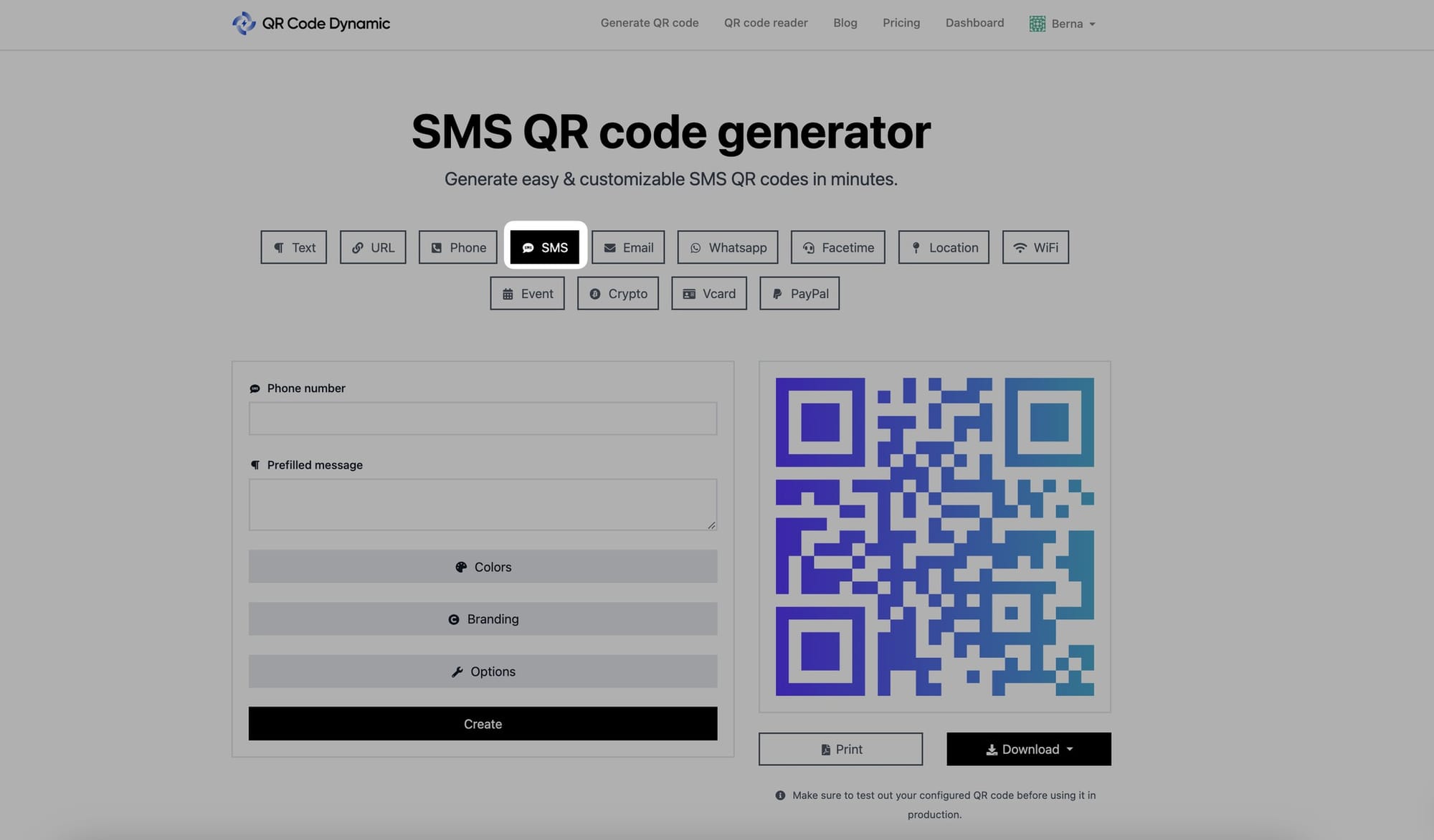 selecting sms category from qr code types
