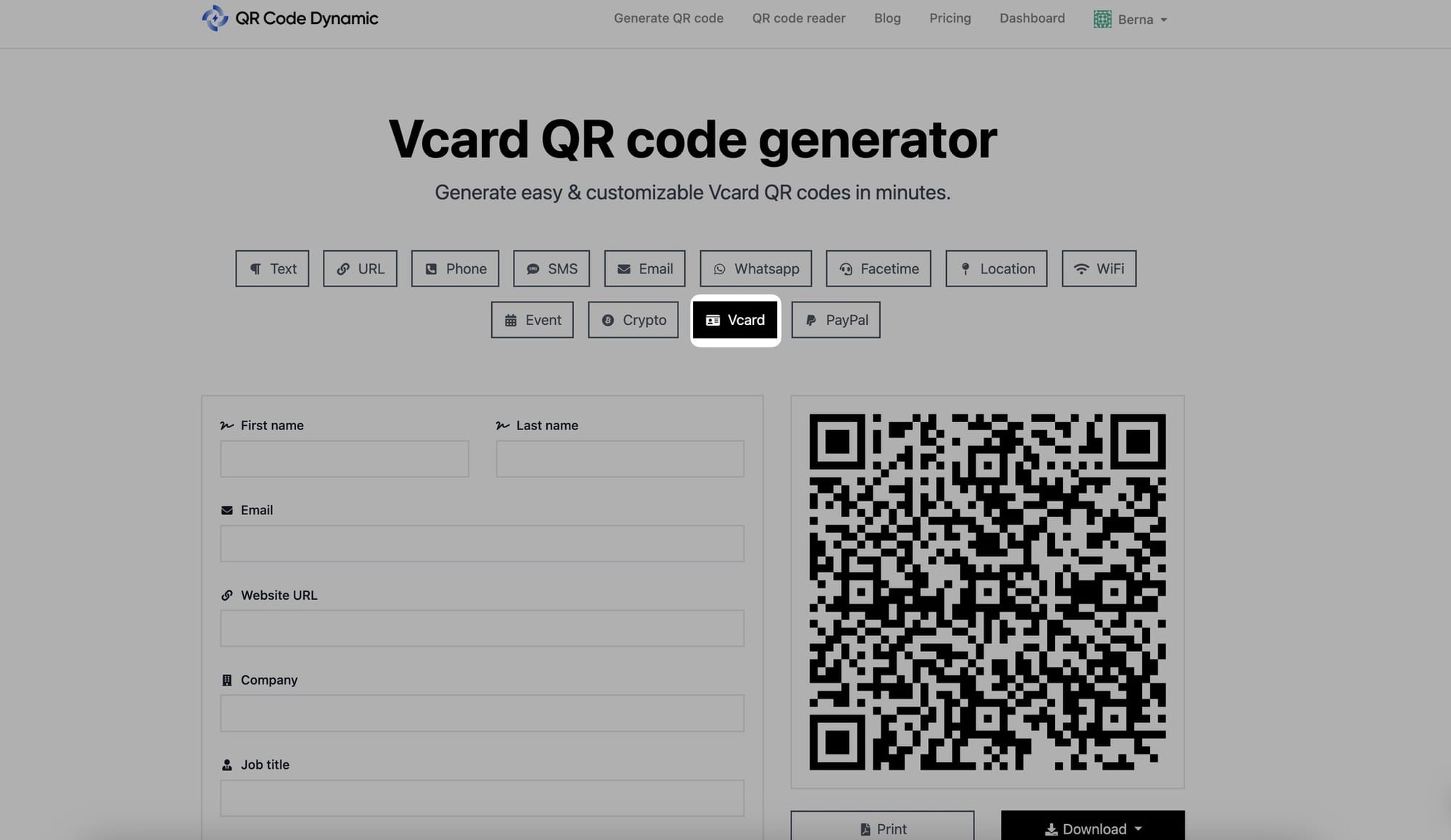 selecting vcard qr code type