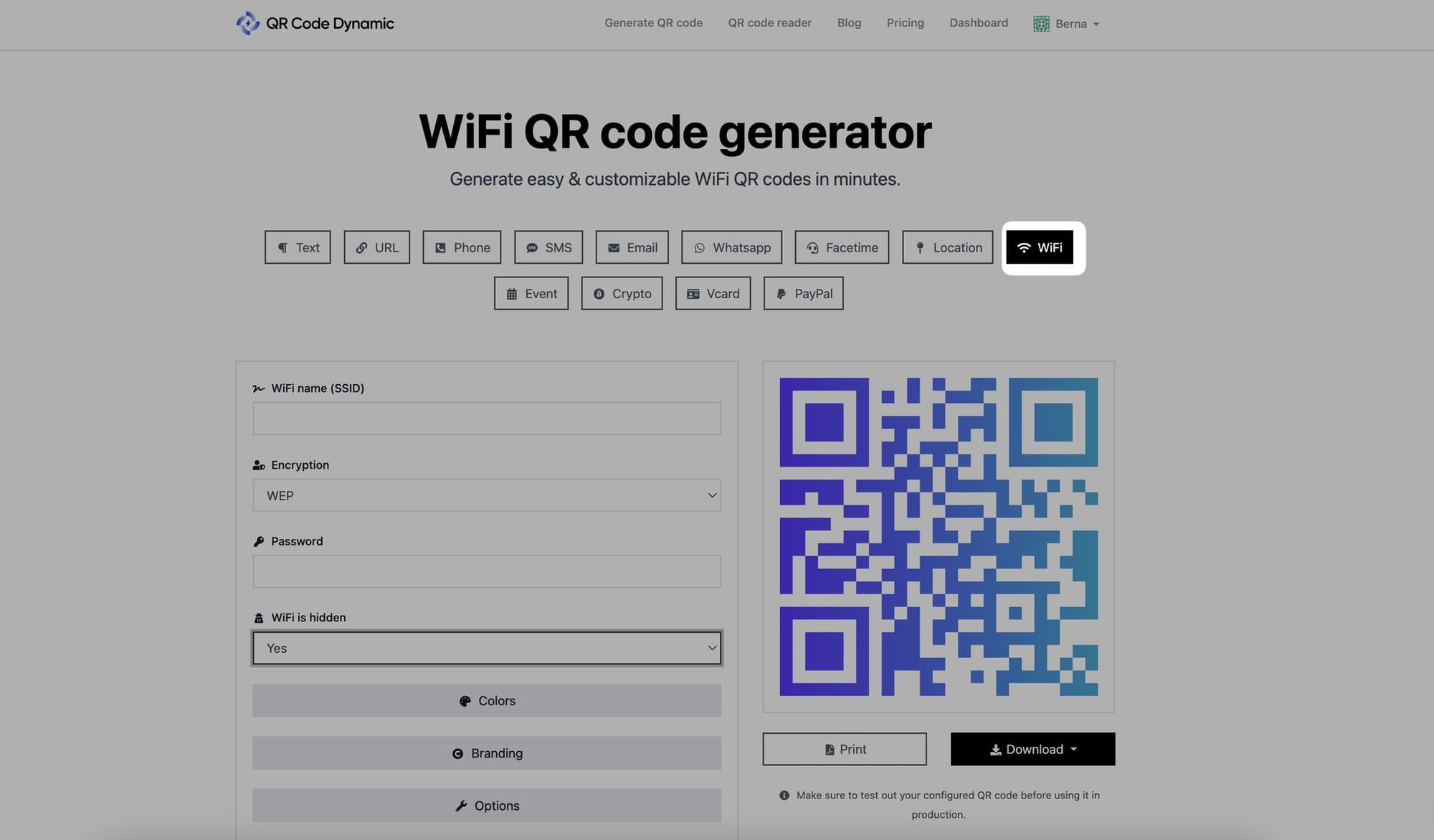 selecting wifi qr code type from the list