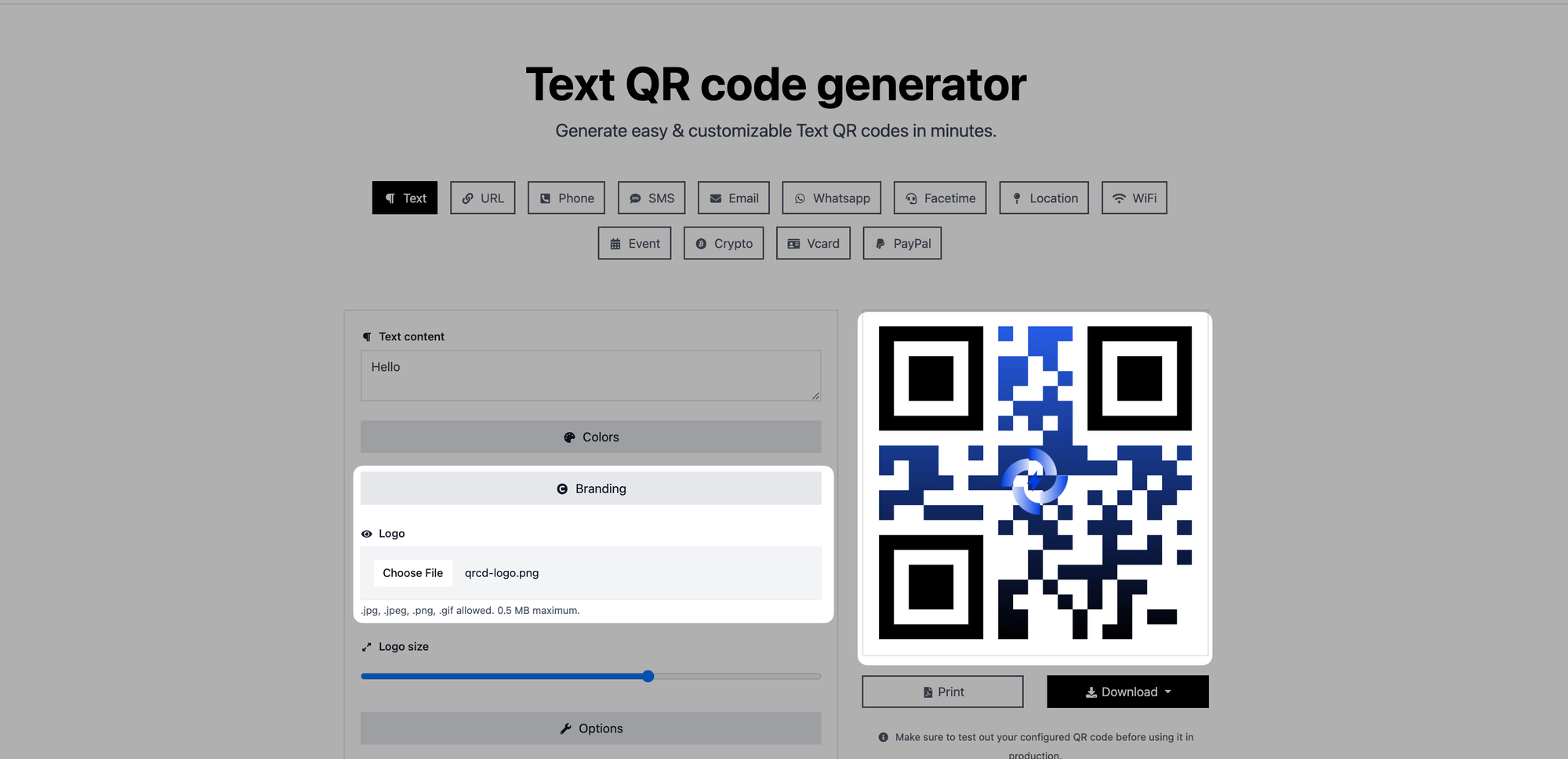 uploading logo from the branding part to a qr code