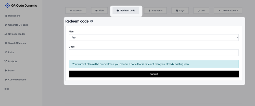 How to Redeem Code on QRCodeDynamic